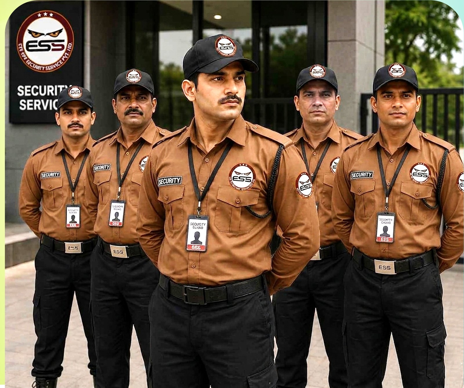 Eyespy security guards standing on duty outside a corporate building